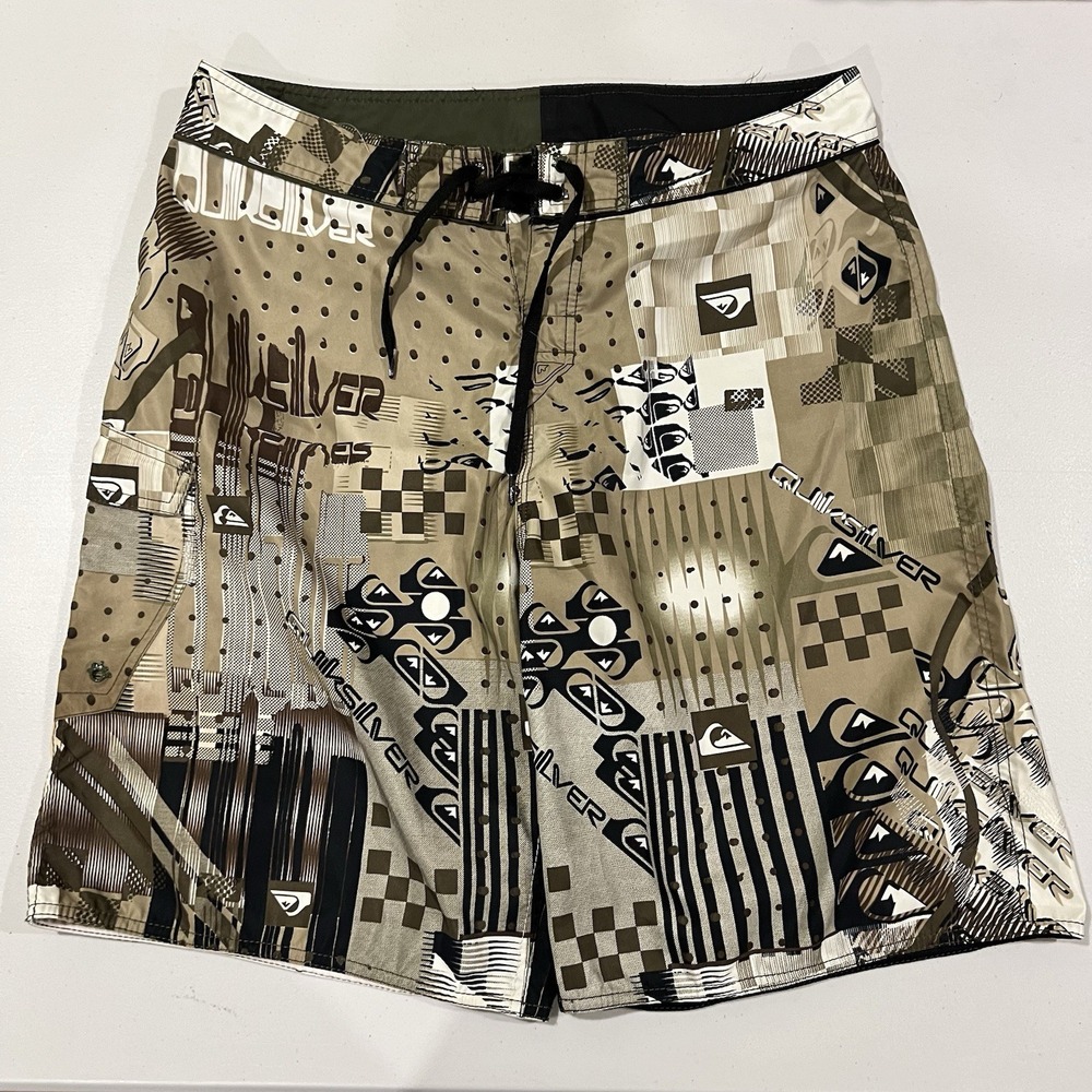 Quiksilver Board Shorts Brown Mens 36 Vintage 90s Surfer Y2K AOP LOGO